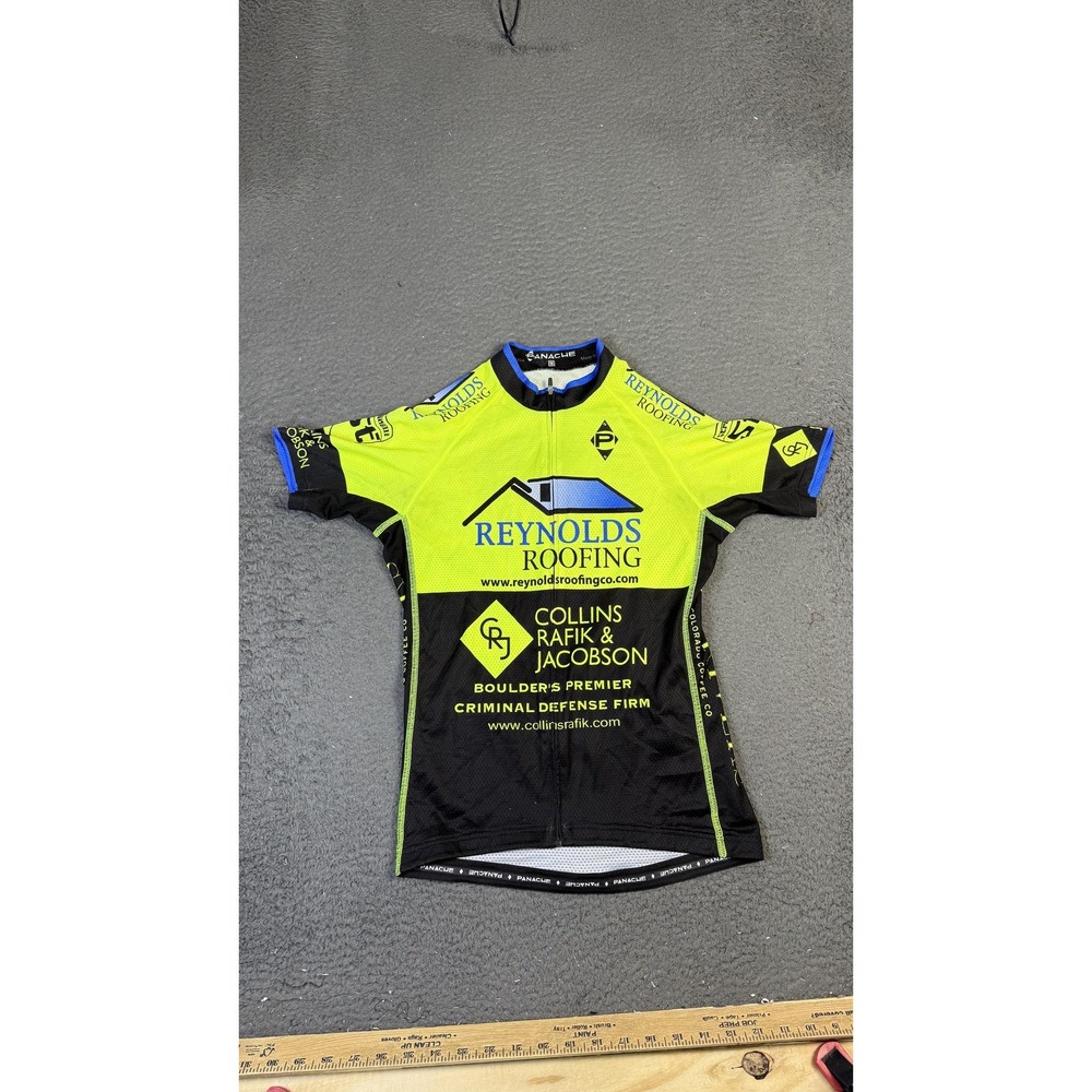 Panache Jersey Mens Small‎ Yellow Black Short Sleeve Cycling Full Zip Sponsors
